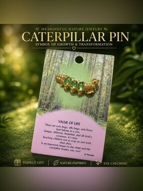 Caterpillar Brooch Pin w/ Meaning Card Green Gold Tone Nature Gift
